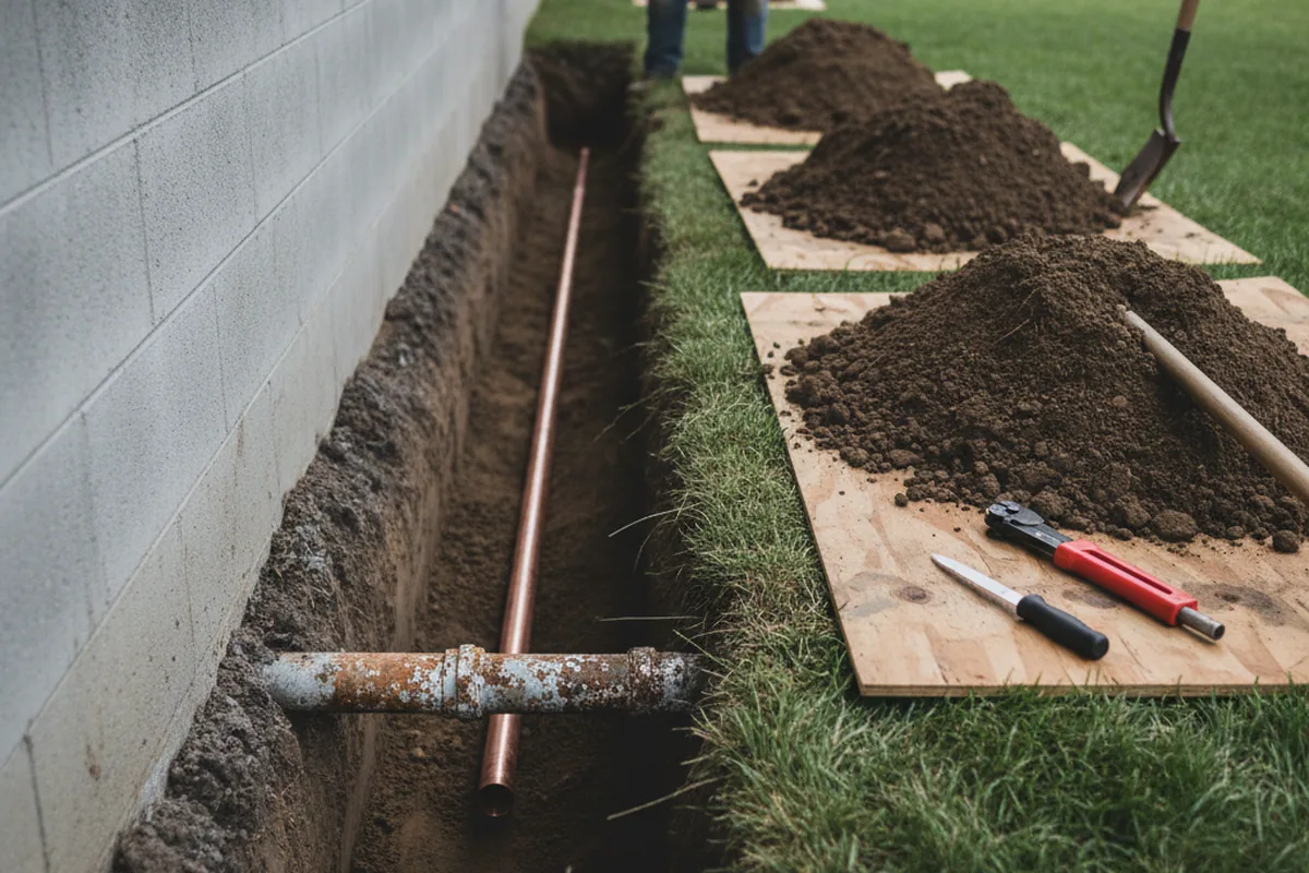 Excavated water line trench during Water Softener Installation in Colchester